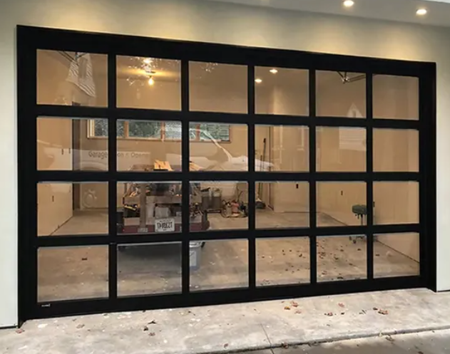 Modern Aluminum Glass Garage Door, Custom Sizes, Frosted Tinted Mirror Options