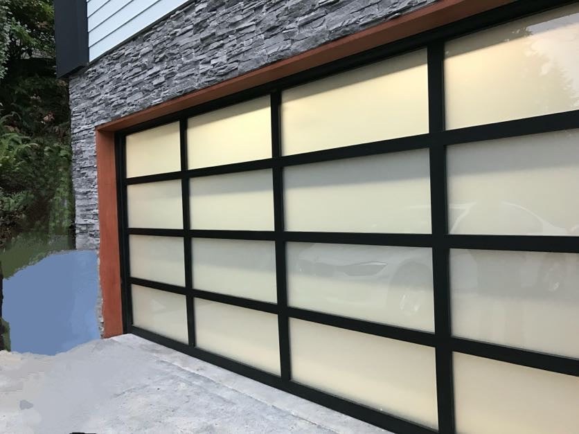 Modern Aluminum Glass Garage Door, Custom Sizes, Frosted Tinted Mirror Options